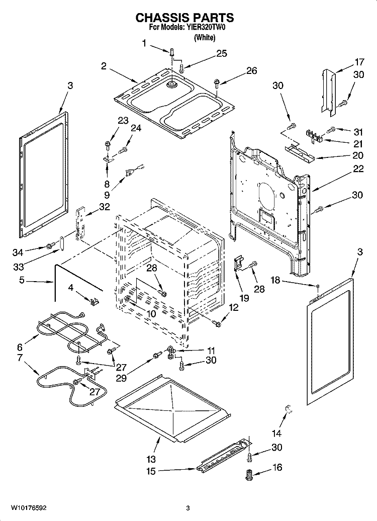 CHASSIS PARTS Diagram and Parts List for YIER320TW0  Whirlpool Range