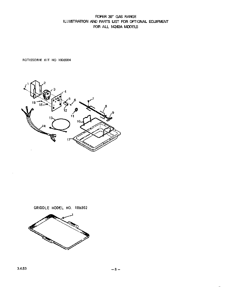 LIT/OPTIONAL Diagram and Parts List for 1424W0A  Roper Range