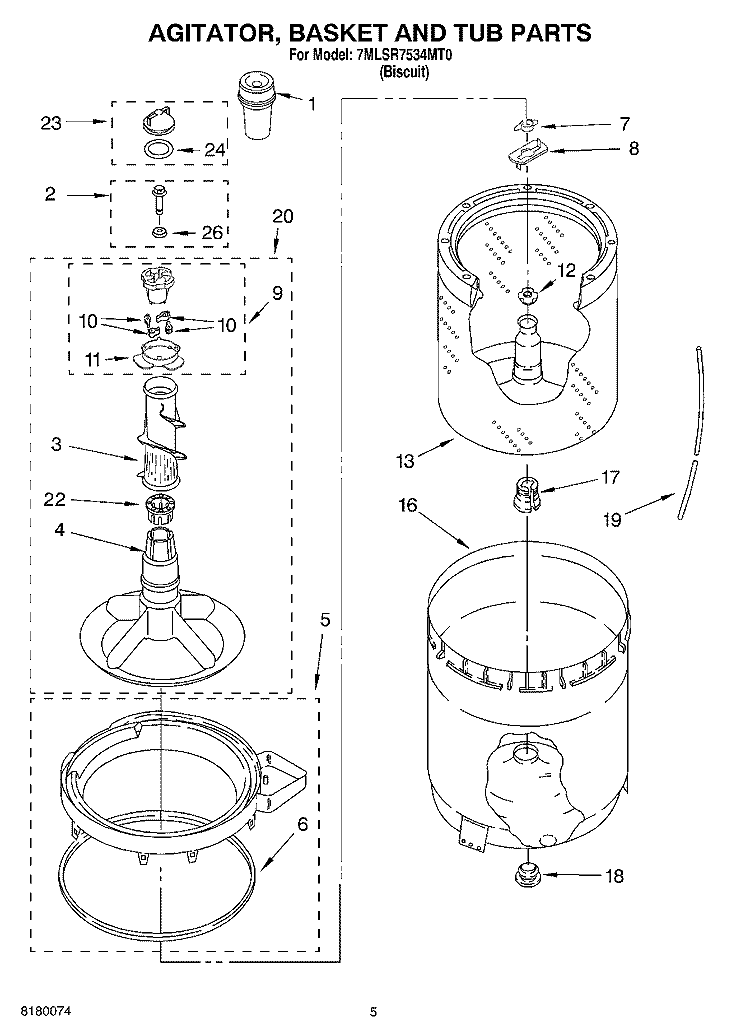 AGITATOR, BASKET AND TUB PARTS Diagram and Parts List for 7MLSR7534MT0  Whirlpool Washer