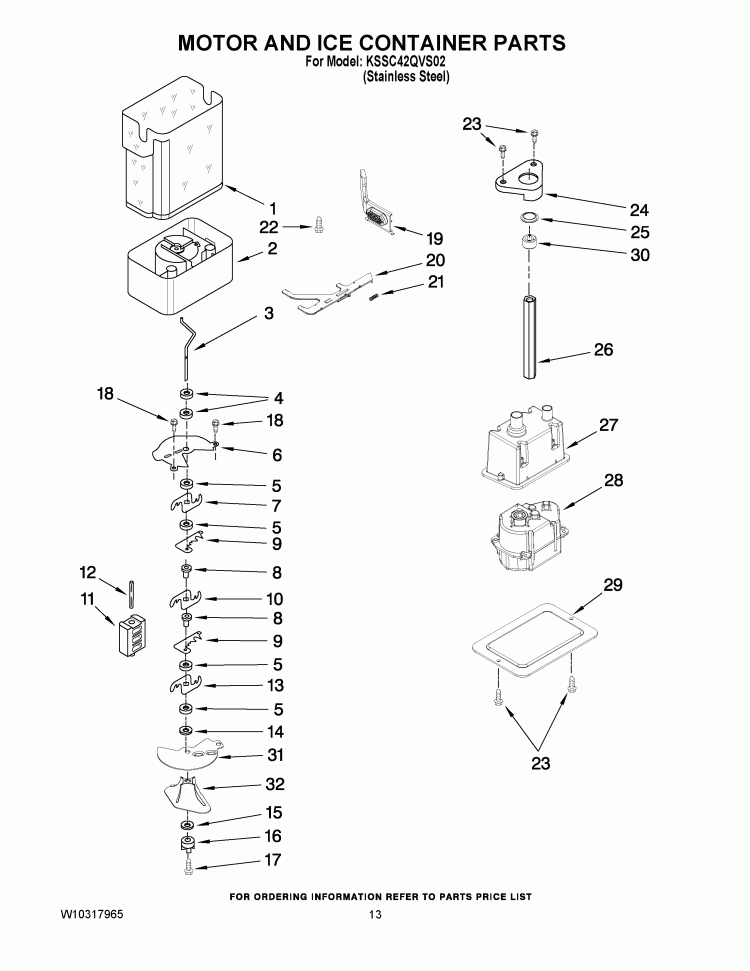 MOTOR AND ICE CONTAINER PARTS Diagram and Parts List for KSSC42QVS02  KitchenAid Refrigerator