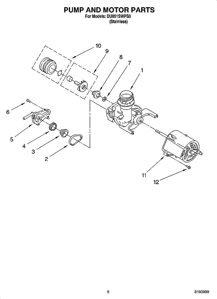PUMP AND MOTOR PARTS Diagram and Parts List for DU851SWPS0  Whirlpool Dishwasher