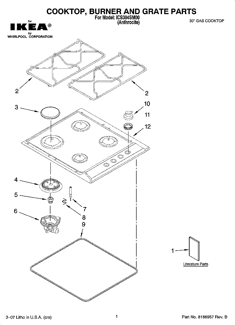 COOKTOP, BURNER AND GRATE PARTS Diagram and Parts List for ICS304SM00  Whirlpool Cooktop