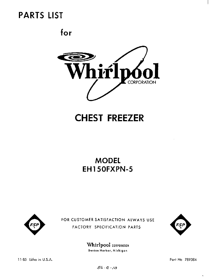 SECTION Diagram and Parts List for EH150FXPN5  Whirlpool Freezer
