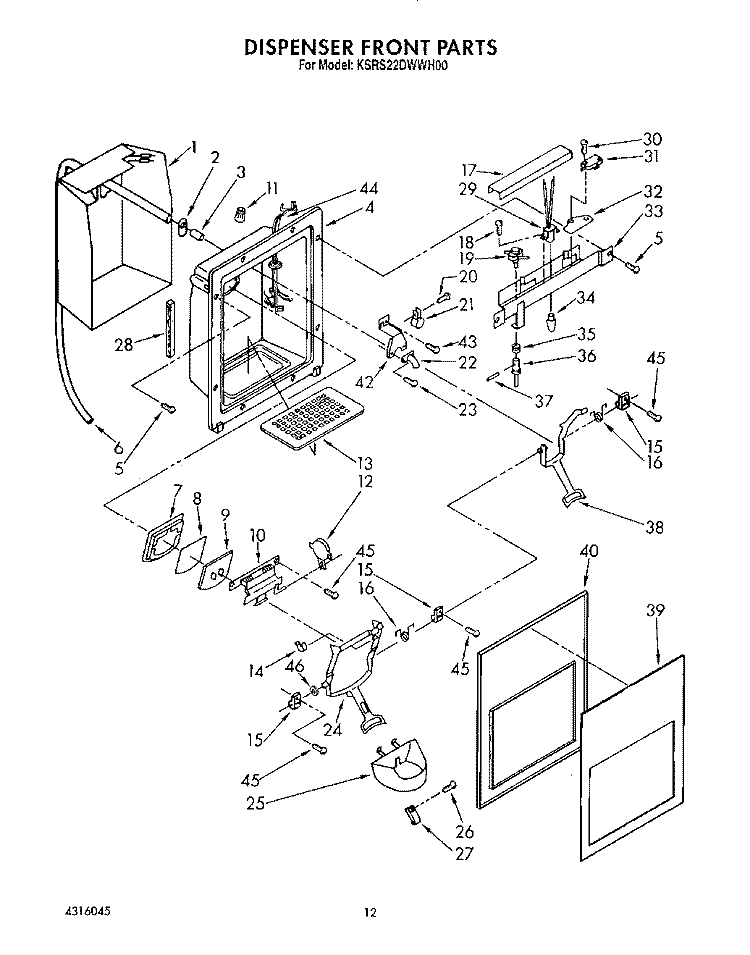 DISPENSER FRONT Diagram and Parts List for KSRS22DWAL00  KitchenAid Refrigerator
