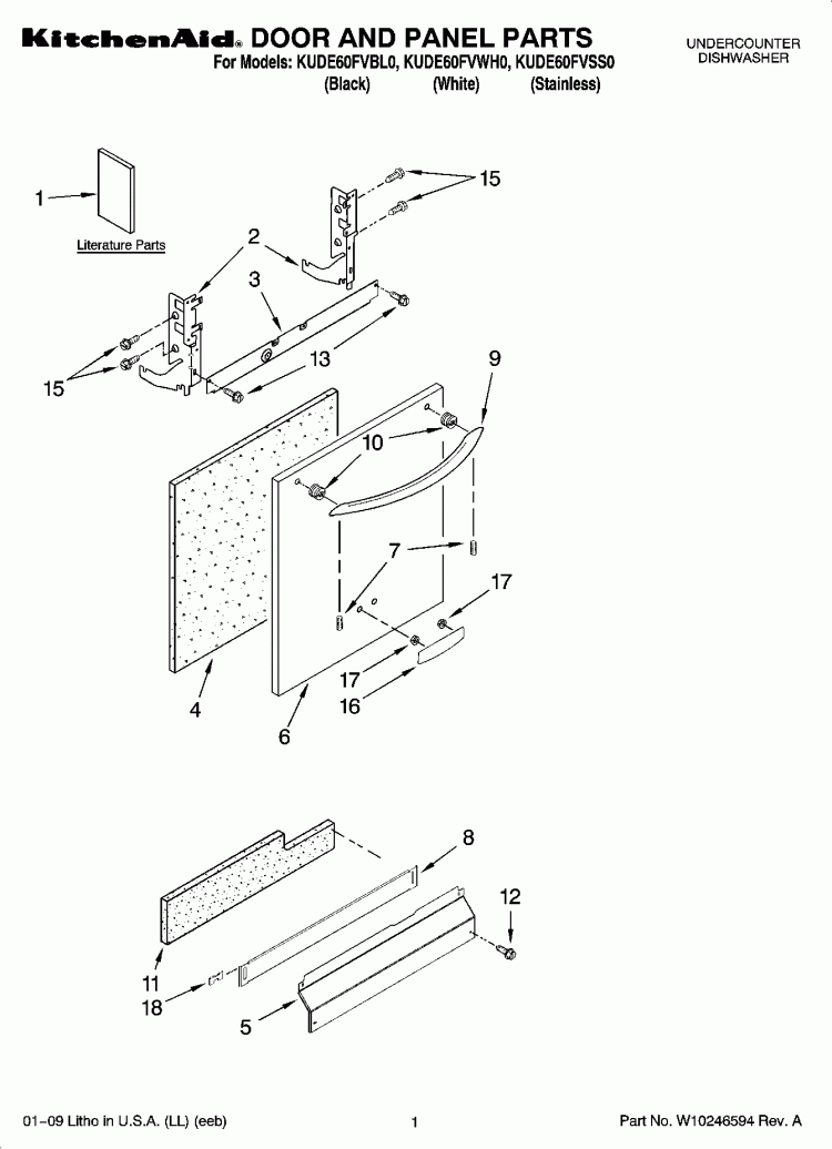 DOOR AND PANEL PARTS Diagram and Parts List for KUDE60FVSS0  KitchenAid Dishwasher