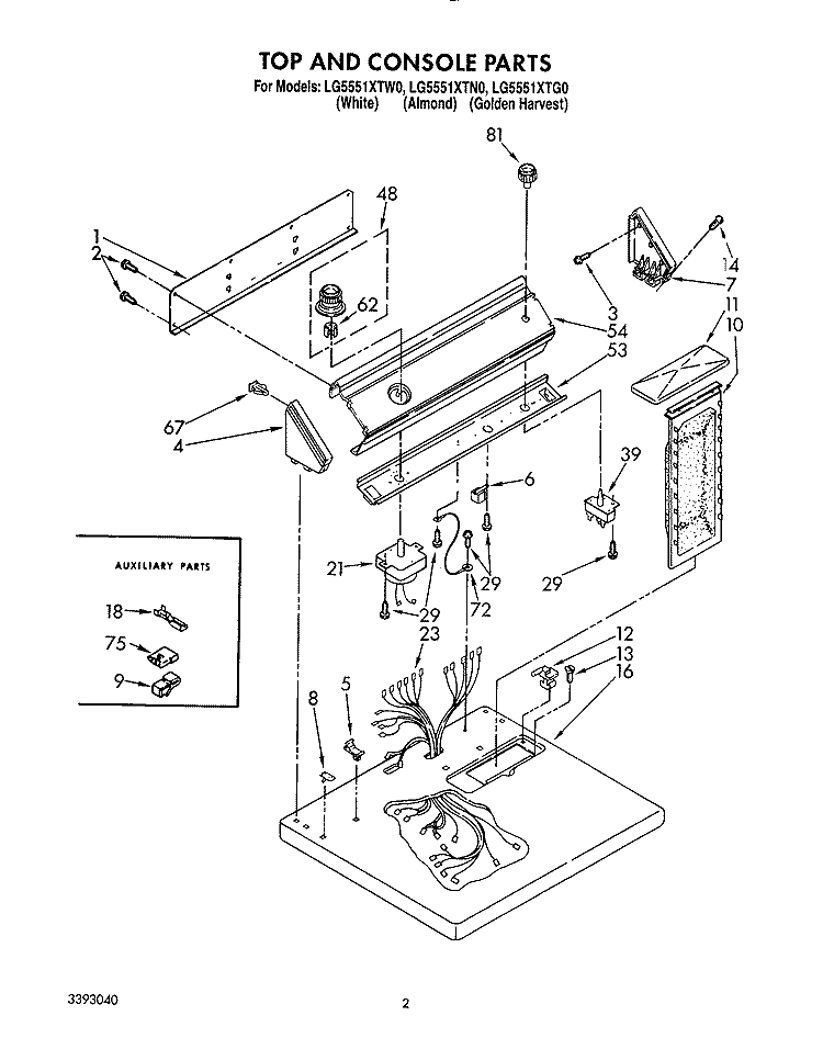 TOP AND CONSOLE, LIT/OPTIONAL Diagram and Parts List for LG5551XTN0  Whirlpool Dryer