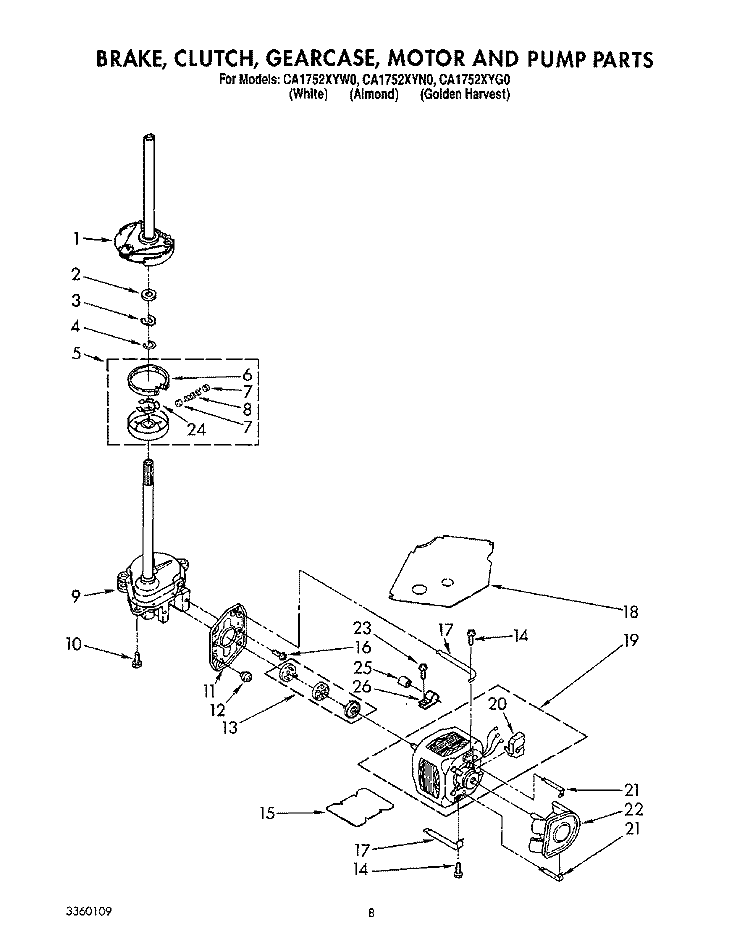 BRAKE, CLUTCH, GEARCASE, MOTOR & PUMP Diagram and Parts List for CA1752XYN0  Whirlpool Washer