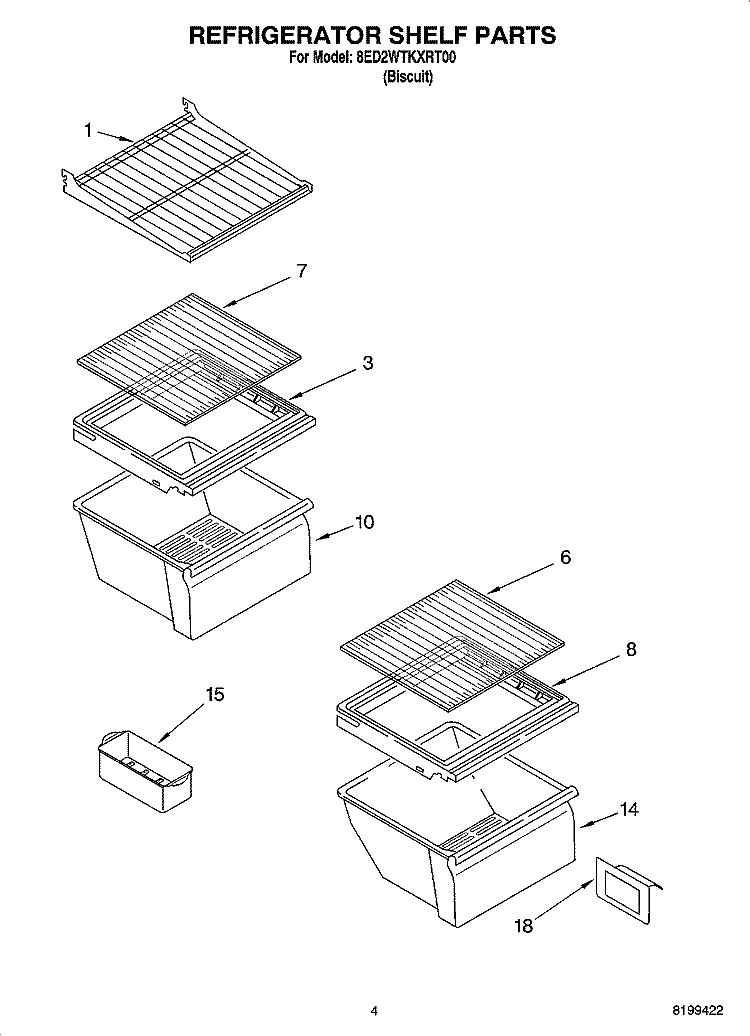 REFRIGERATOR SHELF PARTS Diagram and Parts List for 8ED2WTKXRT00  Whirlpool Refrigerator
