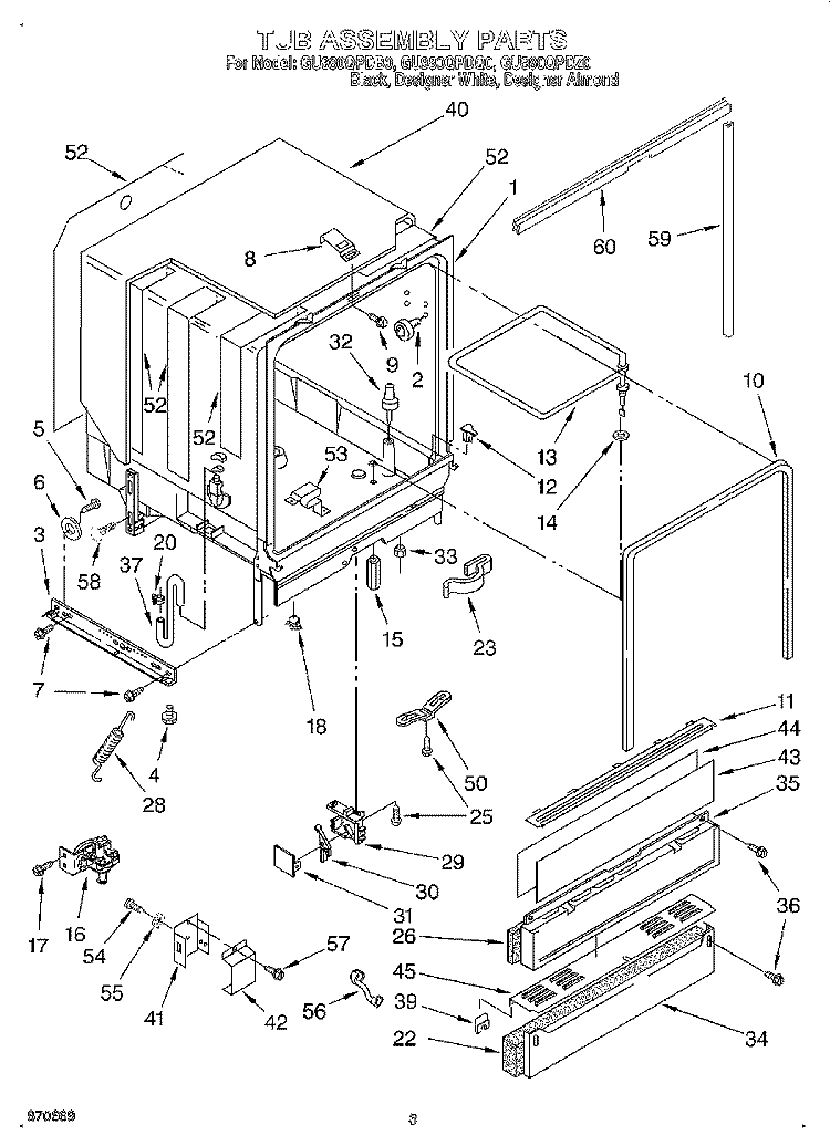 TUB ASSEMBLY Diagram and Parts List for GU980QPDQ0  Whirlpool Dishwasher