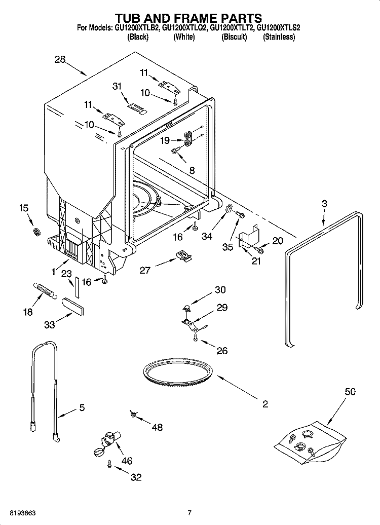 TUB AND FRAME PARTS Diagram and Parts List for GU1200XTLB2  Whirlpool Dishwasher