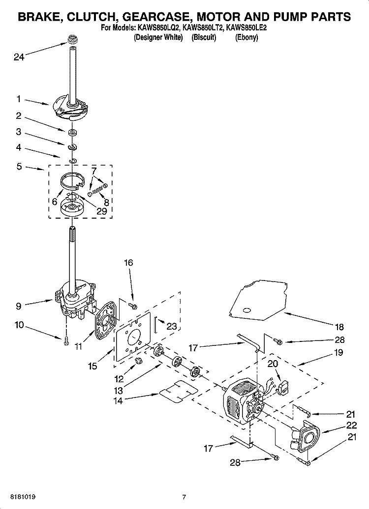 BRAKE, CLUTCH, GEARCASE, MOTOR AND PUMP PARTS Diagram and Parts List for KAWS850LE2  KitchenAid Washer