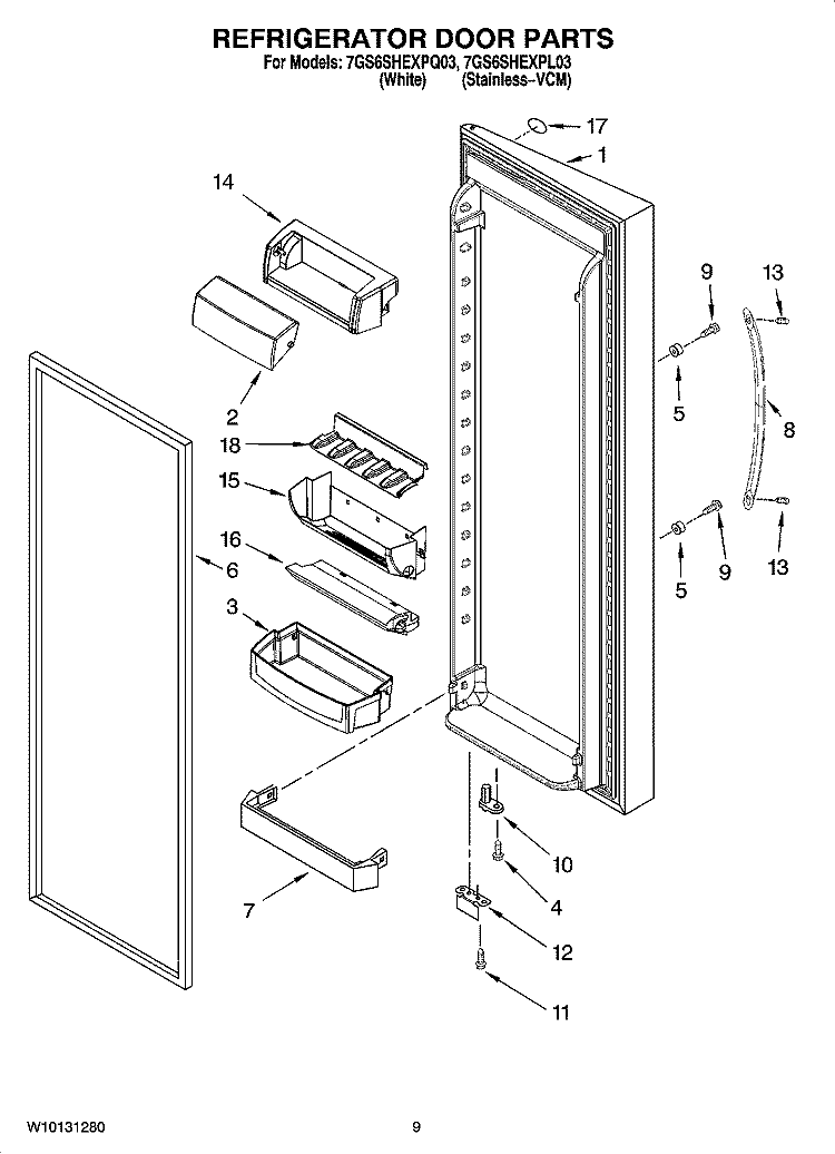 REFRIGERATOR DOOR PARTS Diagram and Parts List for 7GS6SHEXPQ03  Whirlpool Refrigerator