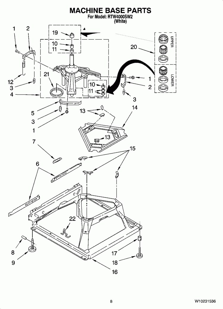 MACHINE BASE PARTS Diagram and Parts List for RTW4000SW2  Roper Washer