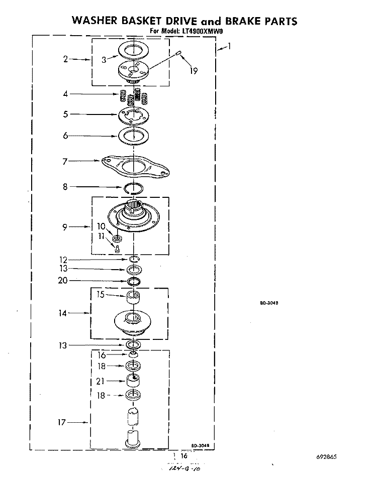 WASHER BASKET DRIVE AND BRAKE Diagram and Parts List for LT4900XMW0  Whirlpool Washer Dryer Combo