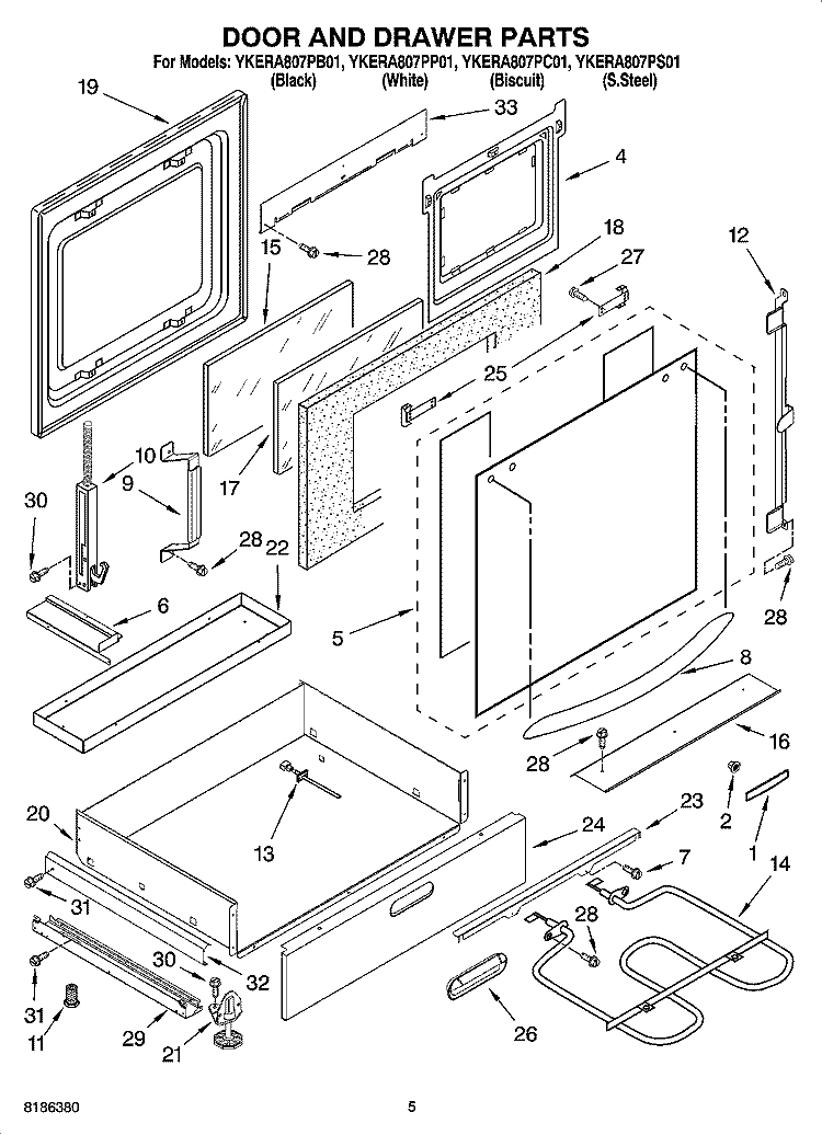 DOOR AND DRAWER PARTS Diagram and Parts List for YKERA807PB01  KitchenAid Range