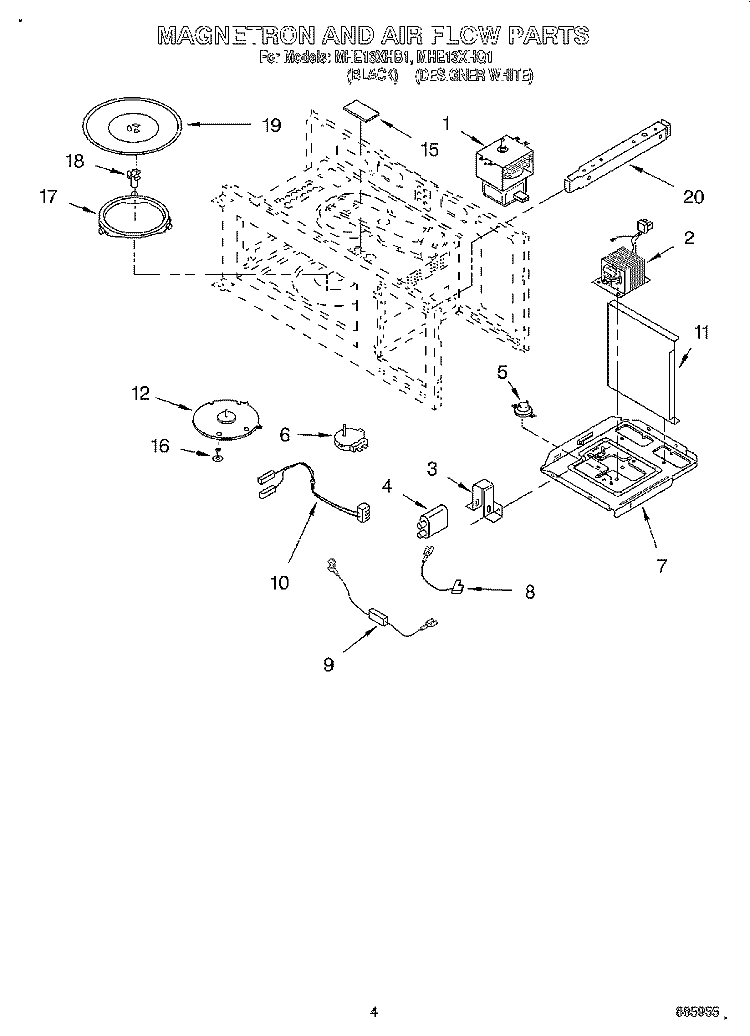 MAGNETRON AND AIR FLOW Diagram and Parts List for MHE13XHB1  Roper Microwave