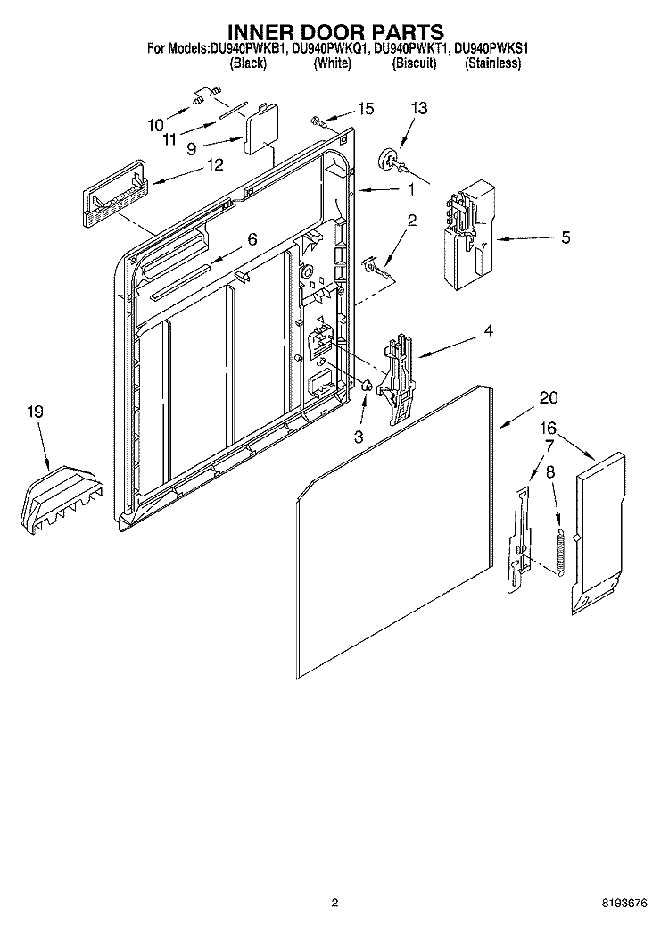 INNER DOOR Diagram and Parts List for DU940PWKB1  Whirlpool Dishwasher