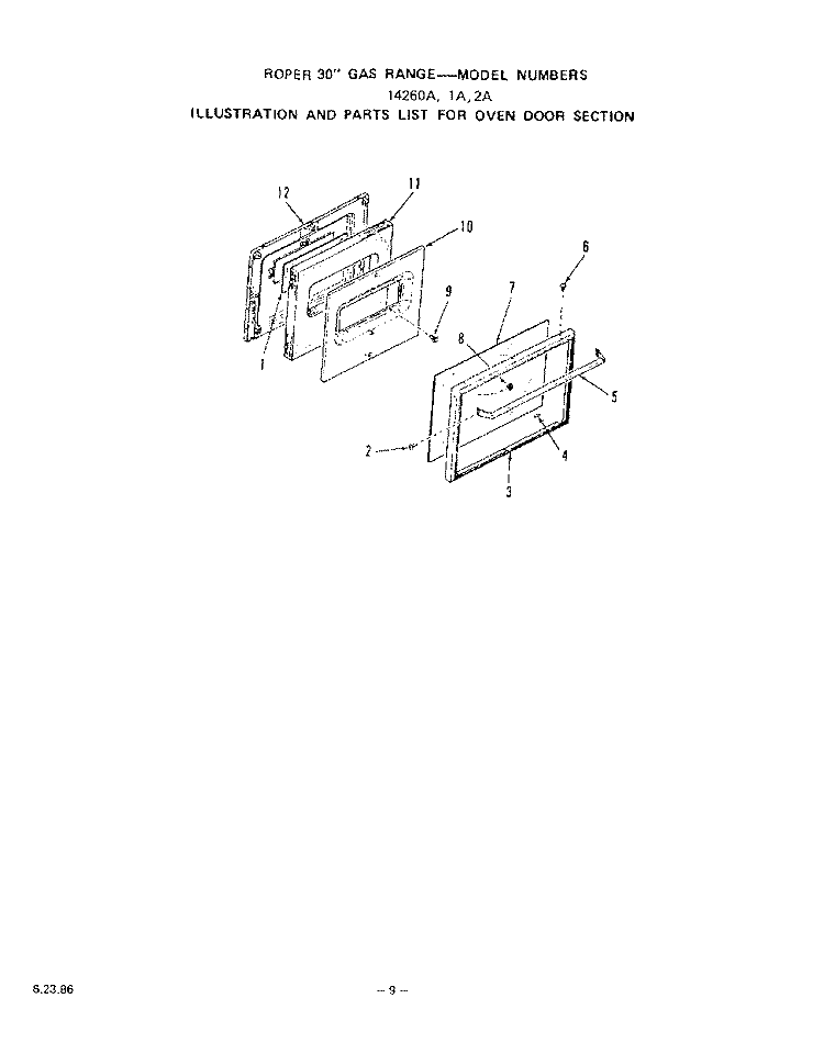 DOOR Diagram and Parts List for 1416W1A  Roper Range