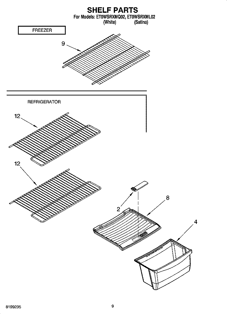 SHELF PARTS, OPTIONAL PARTS Diagram and Parts List for ET0WSRXML02  Whirlpool Refrigerator