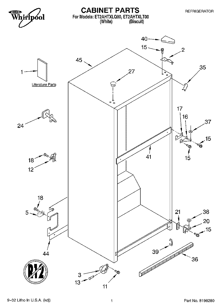 CABINET, LITERATURE Diagram and Parts List for ET2AHTXLQ00  Whirlpool Refrigerator