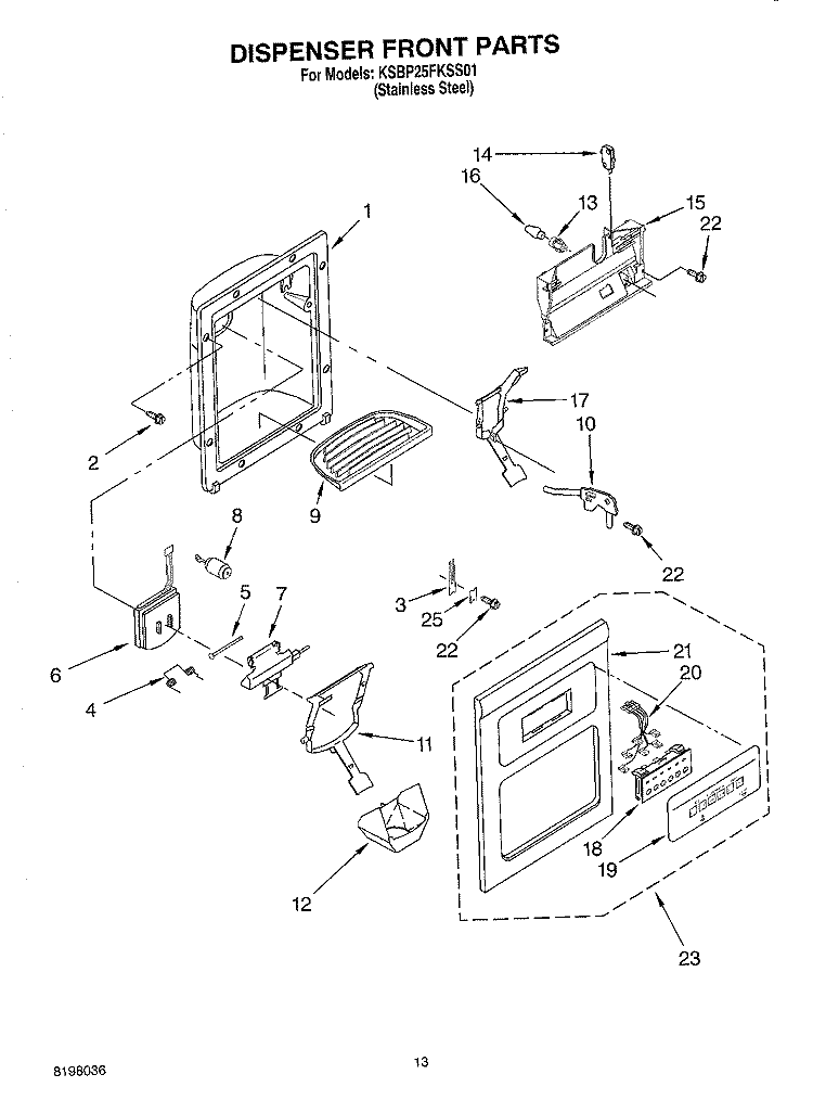 DISPENSER FRONT PARTS Diagram and Parts List for KSBP25FKSS01  KitchenAid Refrigerator
