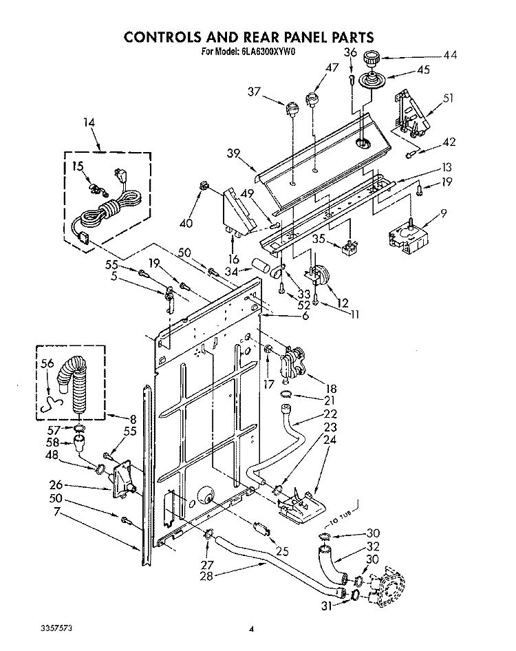 CONTROLS AND REAR PANEL Diagram and Parts List for 6LA6300XYW0  Whirlpool Washer