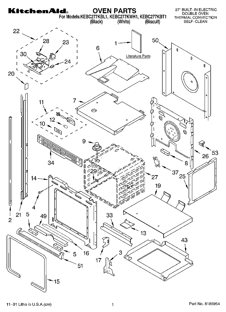 OVEN, LITERATURE Diagram and Parts List for KEBC277KWH1  KitchenAid Wall Oven