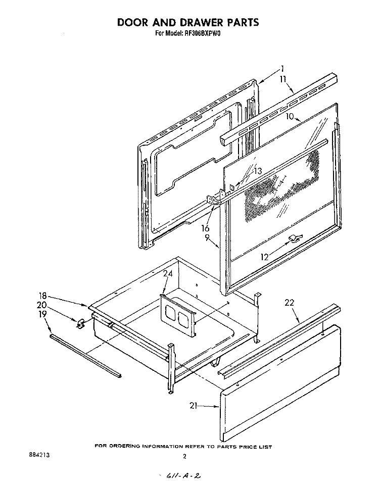DOOR AND DRAWER Diagram and Parts List for RF306BXPW0  Whirlpool Range