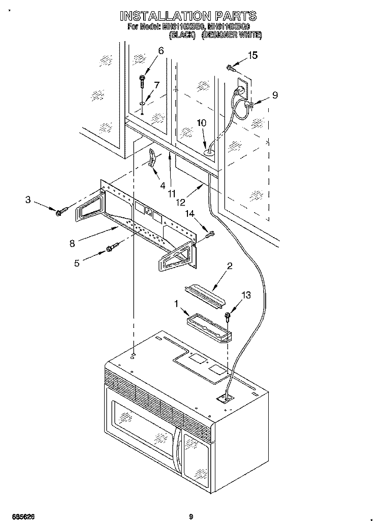 INSTALLATION Diagram and Parts List for MH6110XBQ0  Whirlpool Microwave