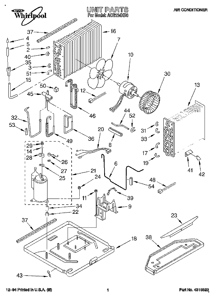 UNIT, LITERATURE Diagram and Parts List for ACR124XD0  Whirlpool Air Conditioner