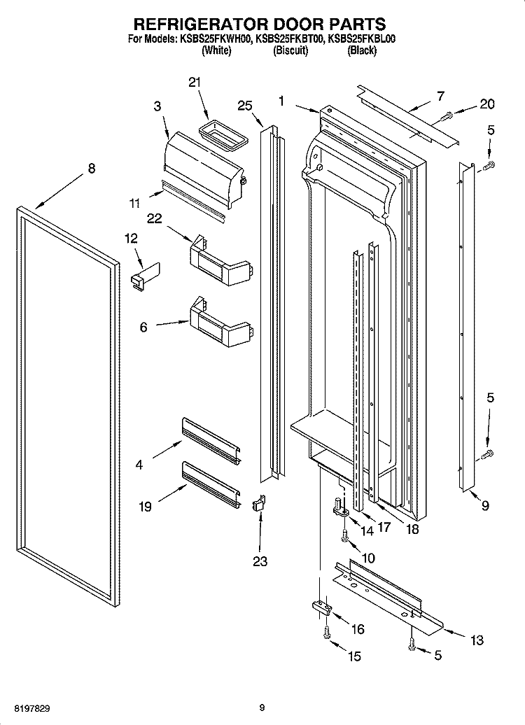 REFRIGERATOR DOOR PARTS Diagram and Parts List for KSBS25FKBT00  KitchenAid Refrigerator