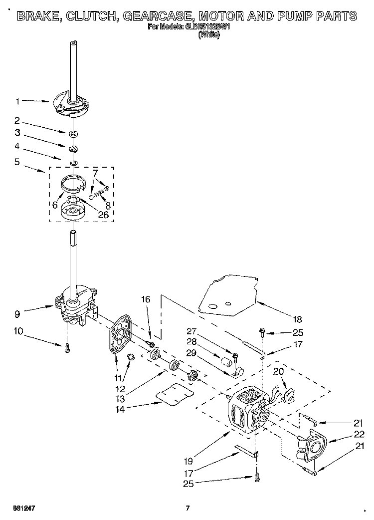 BRAKE, CLUTCH, GEARCASE, MOTOR & PUMP Diagram and Parts List for 6LBR5132BW1  Whirlpool Washer