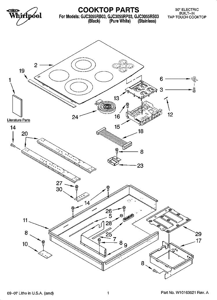 COOKTOP PARTS, OPTIONAL PARTS (NOT INCLUDED) Diagram and Parts List for GJC3055RB03  Whirlpool Cooktop