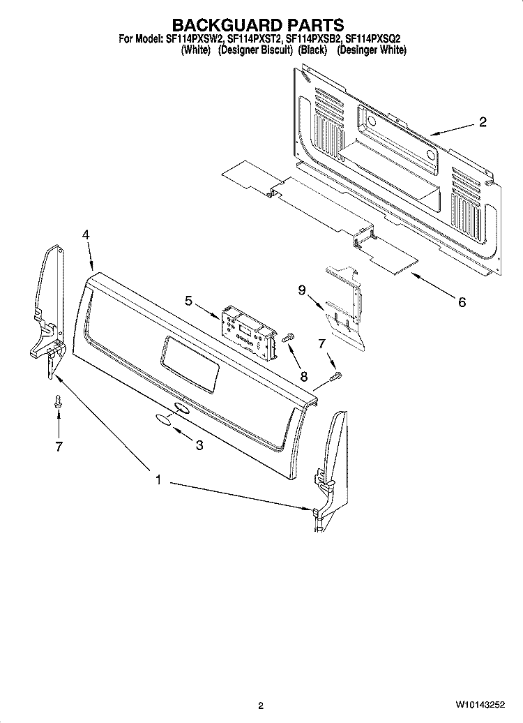 BACKGUARD PARTS Diagram and Parts List for SF114PXSQ2  Whirlpool Range