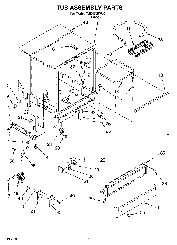 TUB ASSEMBLY PARTS Diagram and Parts List for TUD4700MU0  Estate Dishwasher
