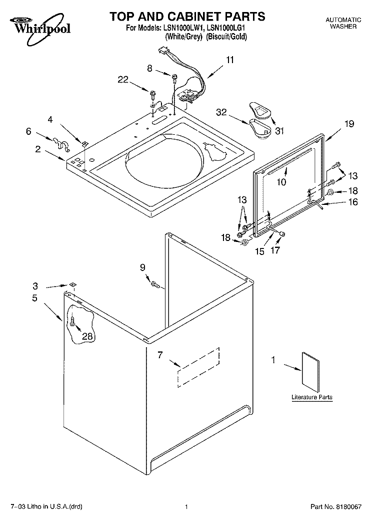 TOP AND CABINET PARTS Diagram and Parts List for LSN1000LW1  Whirlpool Washer