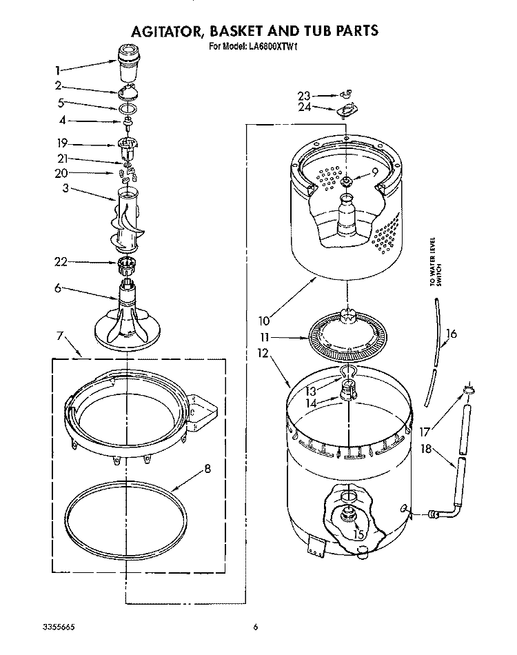 AGITATOR, BASKET AND TUB Diagram and Parts List for LA6800XTF1  Whirlpool Washer