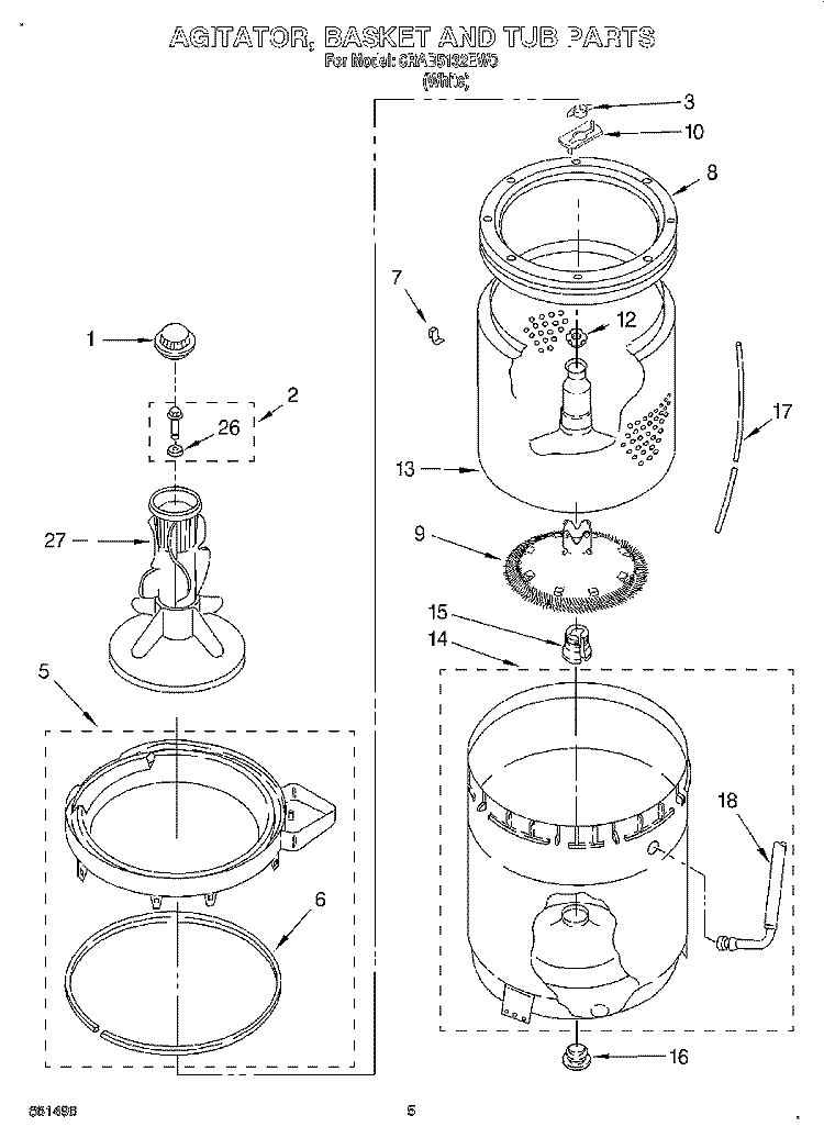 AGITATOR, BASKET AND TUB Diagram and Parts List for 6RAB5132EW0  Whirlpool Washer