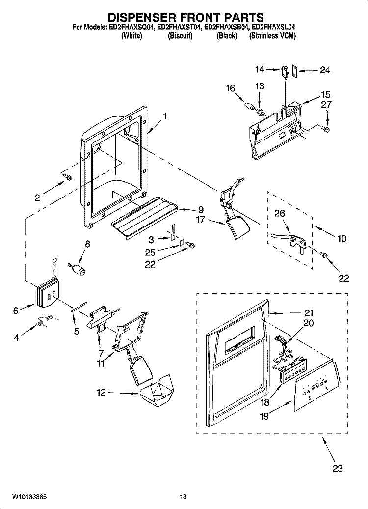 DISPENSER FRONT PARTS Diagram and Parts List for ED2FHAXSQ04  Whirlpool Refrigerator