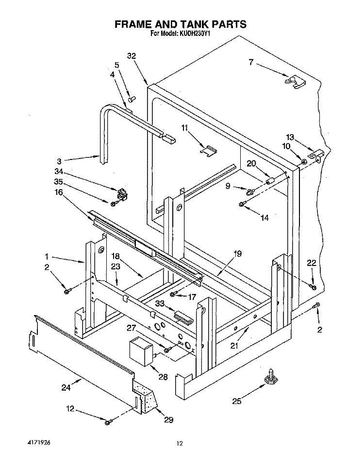 FRAME AND TANK Diagram and Parts List for KUDH230Y1  KitchenAid Dishwasher