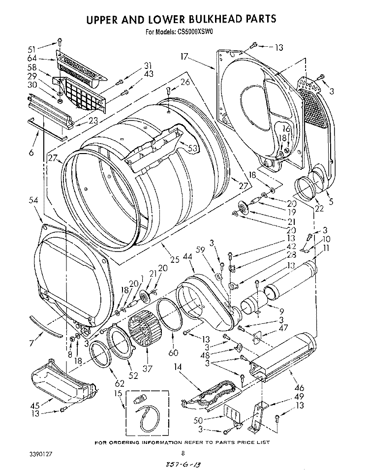 UPPER AND LOWER BULKHEAD , LITERATURE Diagram and Parts List for CS5000XSW0  Whirlpool Dryer