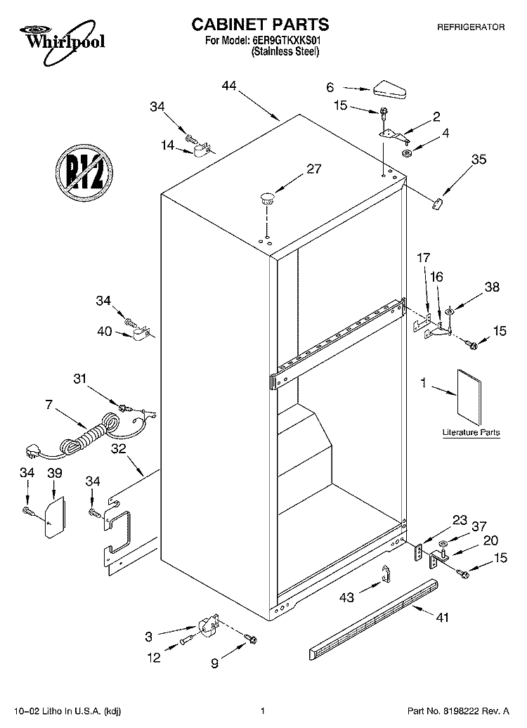 CABINET, LITERATURE Diagram and Parts List for 6ER9GTKXKS01  Whirlpool Refrigerator