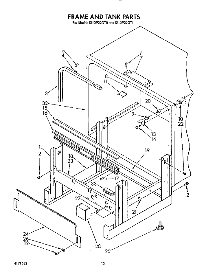 FRAME AND TANK Diagram and Parts List for KUDP22GT0  KitchenAid Dishwasher