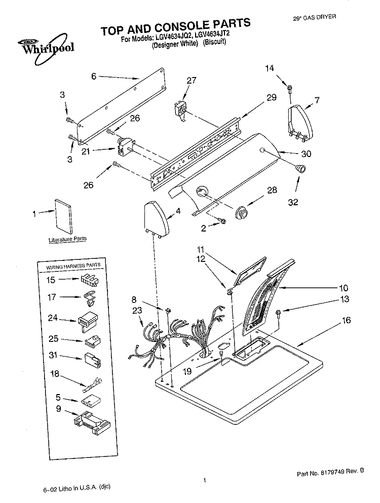 TOP AND CONSOLE, LITERATURE Diagram and Parts List for LGV4634JQ2  Whirlpool Dryer