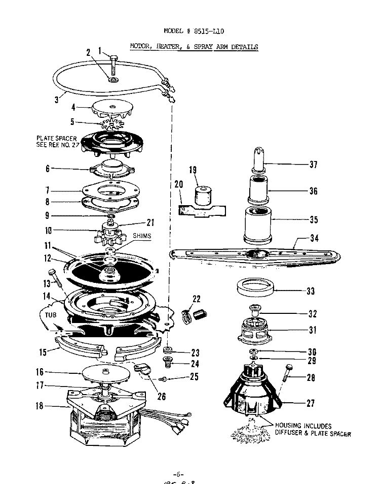 MOTOR, HEATER AND SPRAY ARM Diagram and Parts List for 8515L10  Roper Dishwasher