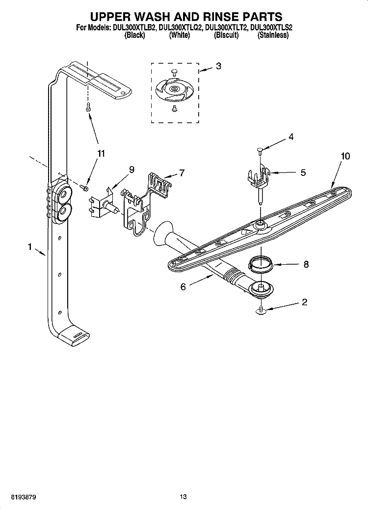 UPPER WASH AND RINSE PARTS Diagram and Parts List for DUL300XTLS2  Whirlpool Dishwasher
