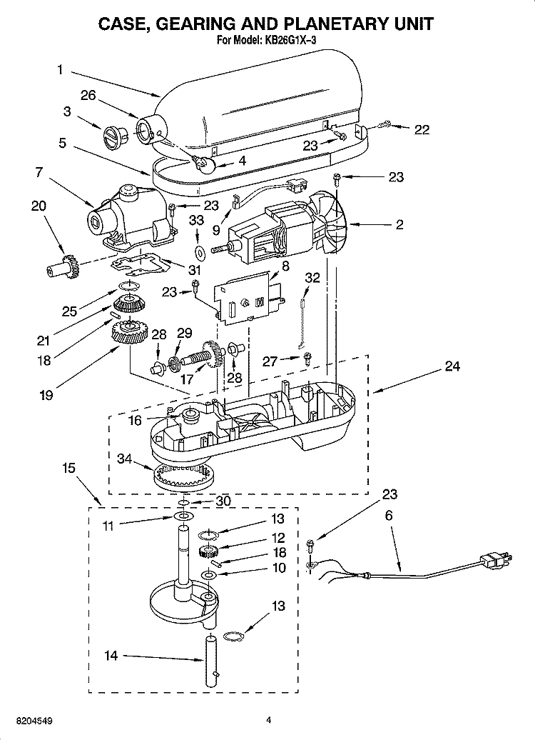CASE, GEARING AND PLANETARY UNIT Diagram and Parts List for KB26G1X-3  KitchenAid Mixer