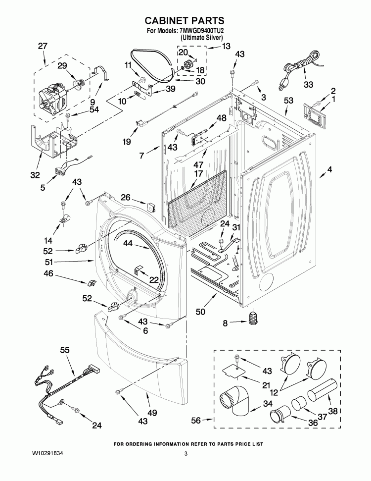 CABINET PARTS Diagram and Parts List for 7MWGD9400TU2  Whirlpool Dryer