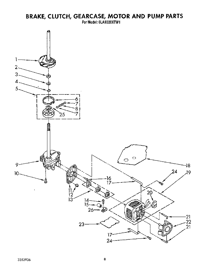 BRAKE, CLUTCH, GEARCASE, MOTOR & PUMP Diagram and Parts List for 6LA9320XTW1  Whirlpool Washer