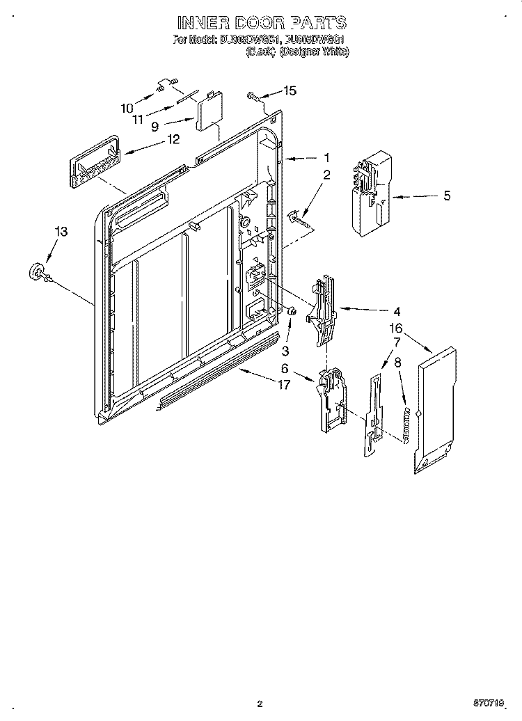 INNER DOOR Diagram and Parts List for DU805DWGQ1  Whirlpool Dishwasher